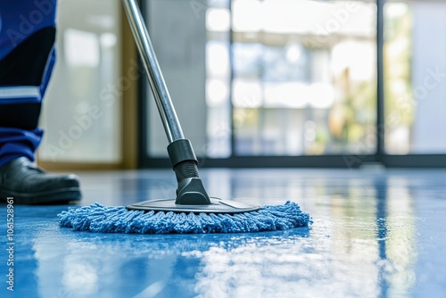 Wallpaper Mural Low section of male cleaner mopping floor with care, wet floor, office entrance.  Torontodigital.ca