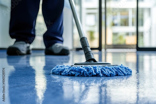 Wallpaper Mural Low section of male cleaner mopping floor with care, wet floor, office entrance.  Torontodigital.ca