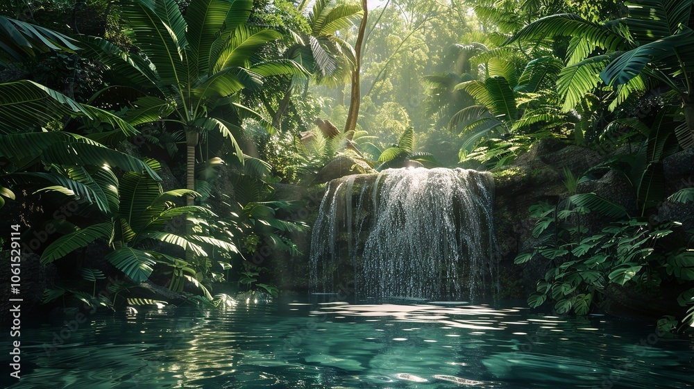 A Small Waterfall Cascading into a Crystal Clear Pond A Small Waterfall Cascading into a Crystal Clear Pond