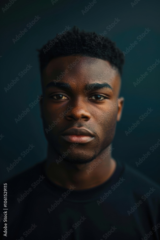 Portrait of a young man with sharp features set against a deep navy backdrop. intense lighting accentuates his confident expression, ideal for professional projects needing a bold Portrait of a young man with sharp features set against a deep navy backdrop. intense lighting accentuates his confident expression, ideal for professional projects needing a bold