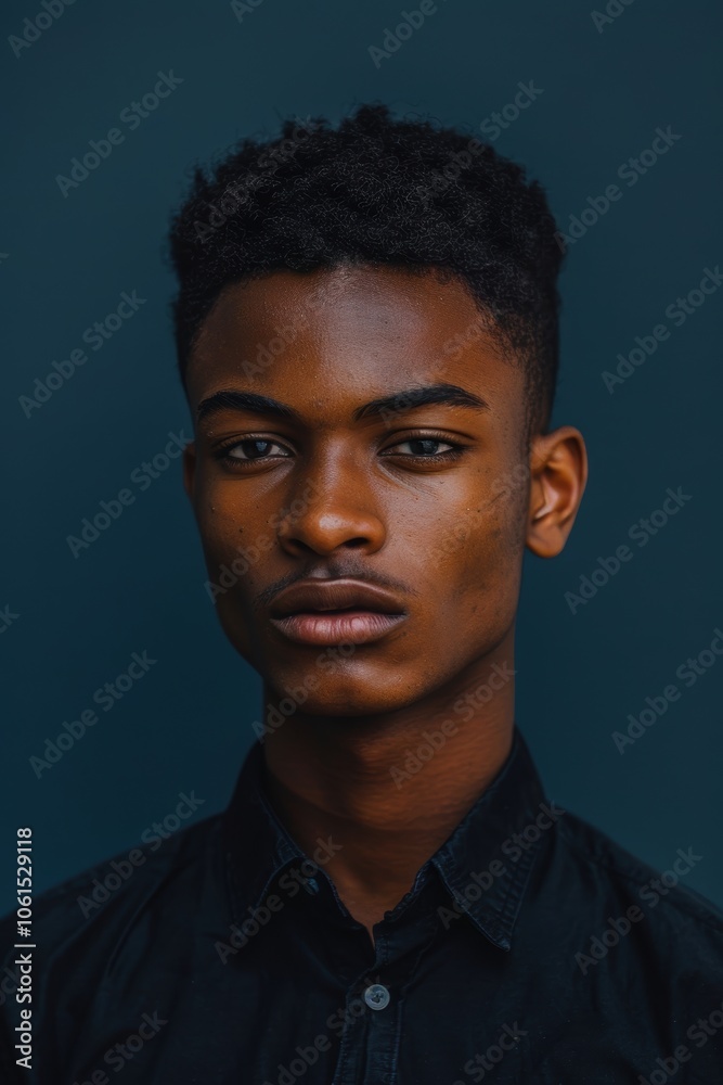 A close-up portrait of a young man with sharp features on a dark monotone blue background. intense lighting enhances his confident expression, creating a bold and striking visual impact A close-up portrait of a young man with sharp features on a dark monotone blue background. intense lighting enhances his confident expression, creating a bold and striking visual impact