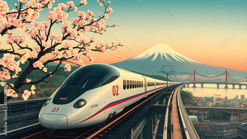 custom made wallpaper toronto digitalBullet Train Under Mount Fuji Ukiyo-e Landscape