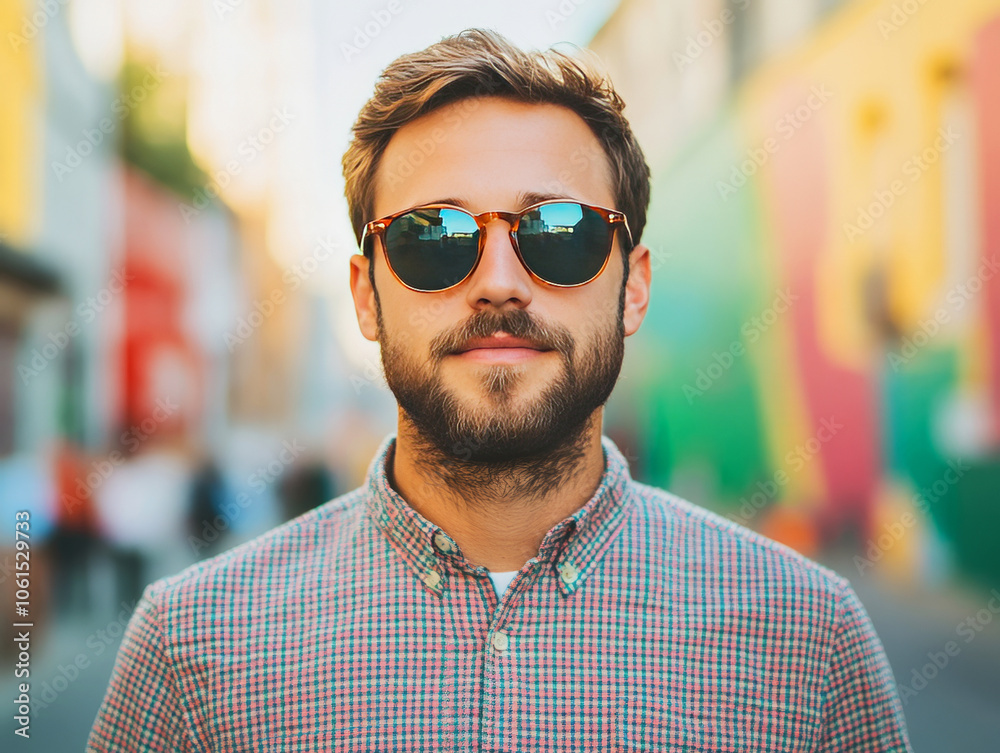 Stylish Young Man in Sunglasses Against Vibrant Background Stylish Young Man in Sunglasses Against Vibrant Background