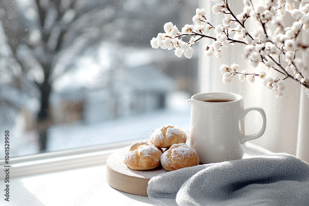 A sunlit kitchen on a winter morning, with a freshly brewed pot of coffee, baked pastries on the counter, and frost-covered windows. A sunlit kitchen on a winter morning, with a freshly brewed pot of coffee, baked pastries on the counter, and frost-covered windows.