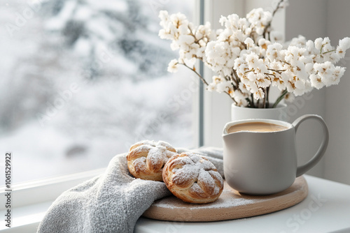 A sunlit kitchen on a winter morning, with a freshly brewed pot of coffee, baked pastries on the counter, and frost-covered windows.