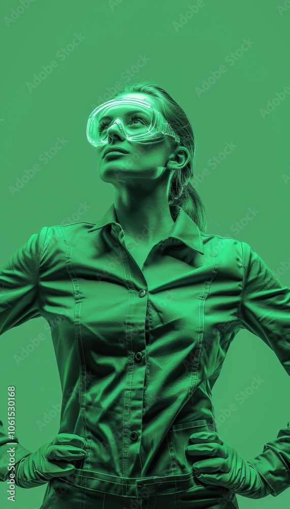 A female production assistant stands confidently with hands on hips against a solid green background, wearing safety goggles and gloves. this image represents industrial efficiency, safety