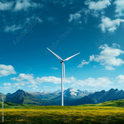 Wind turbine in scenic landscape with mountains and blue sky. photo