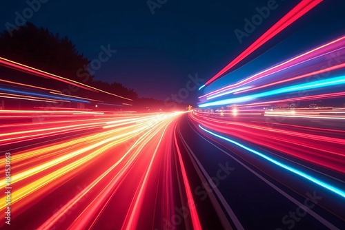 Vibrant Night Drive through Urban Tunnel, Lights Speed, Vivid Colors, Dynamic Motion, Rushing Freedom, Ecstasy, Urban