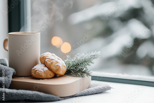 A sunlit kitchen on a winter morning, with a freshly brewed pot of coffee, baked pastries on the counter, and frost-covered windows.