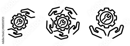 Hand gesture cogs cogwheel and wrench logo icon set collection line stroke design symbol of mechanical maintenance engineering fixing service company