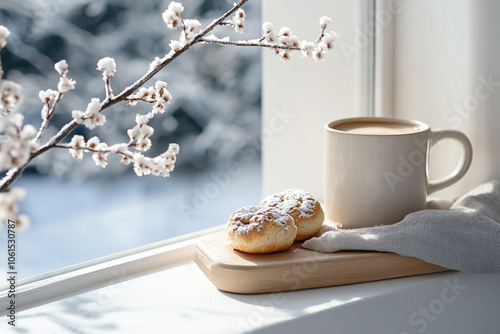 A sunlit kitchen on a winter morning, with a freshly brewed pot of coffee, baked pastries on the counter, and frost-covered windows.