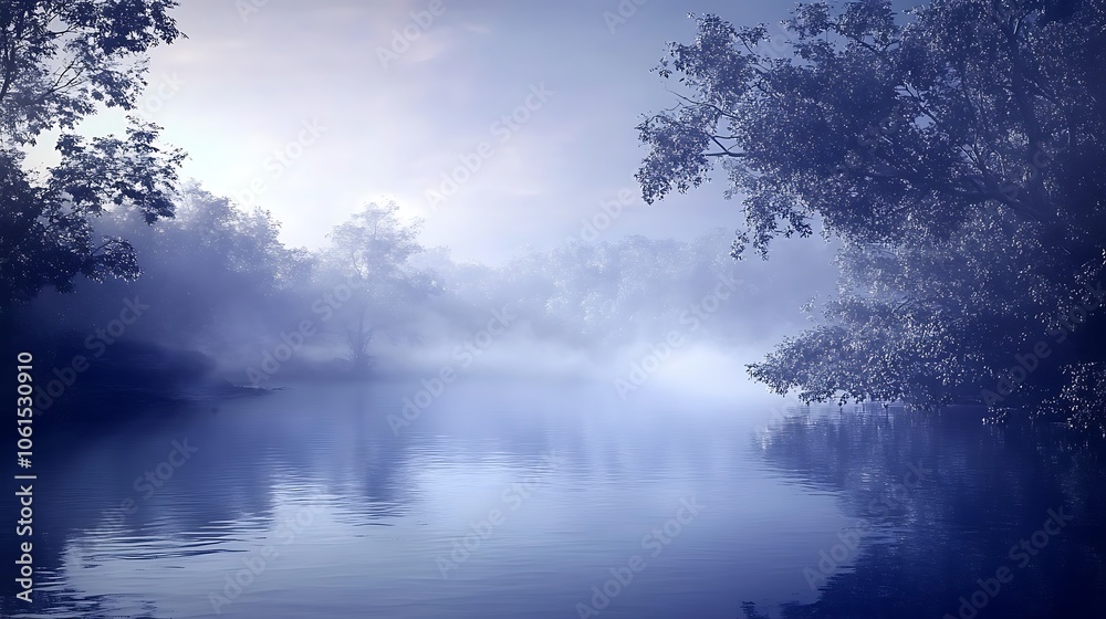 Soft Lavender Mist Over Serene Water Landscape