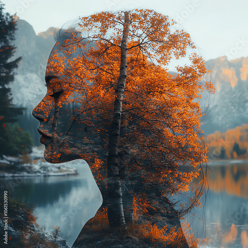 Wallpaper Mural Autumn Fantasy Double Exposure Portrait with Forest and Leaves Torontodigital.ca