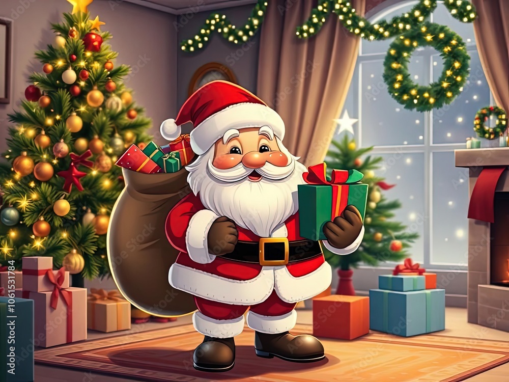Cartoon Santa in a decorated living room features a Christmas tree with balls and garland, gift boxes and a fireplace Cartoon Santa in a decorated living room features a Christmas tree with balls and garland, gift boxes and a fireplace