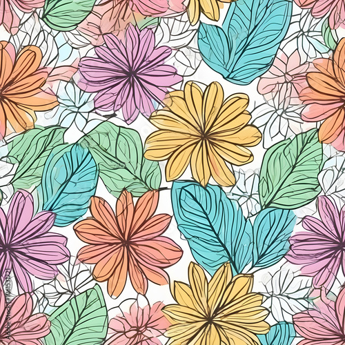 Wallpaper Mural Crayon line pattern, floral and leaf patterns in pastel tones. Torontodigital.ca