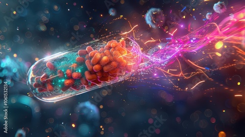 Futuristic digital illustration of a multivitamin capsule, showing vibrant energy lines illustrating absorption by cells. the design represents its benefits to the immune system, muscles, and brain