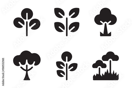 Tree silhouettes of various trees on white background.