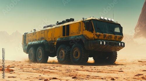 Futuristic Off Road Truck Driving Through Desert Landscape