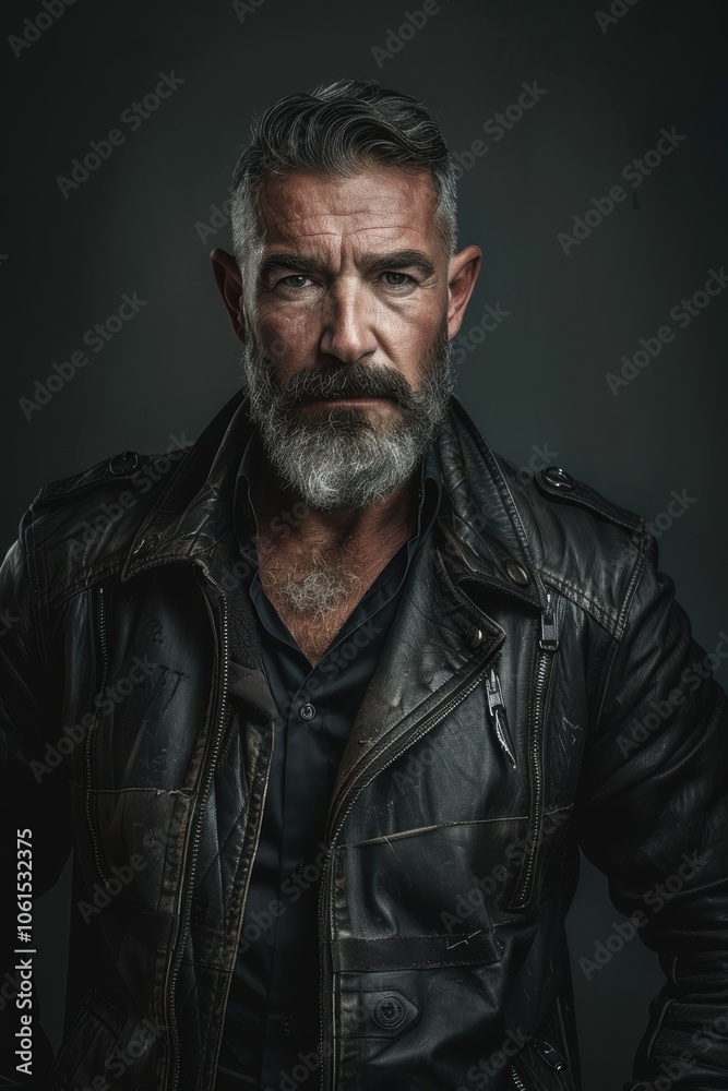 Intense portrait of a middle-aged man with a rugged beard and leather jacket. the dark monotone background and dramatic lighting highlight his strong features Intense portrait of a middle-aged man with a rugged beard and leather jacket. the dark monotone background and dramatic lighting highlight his strong features