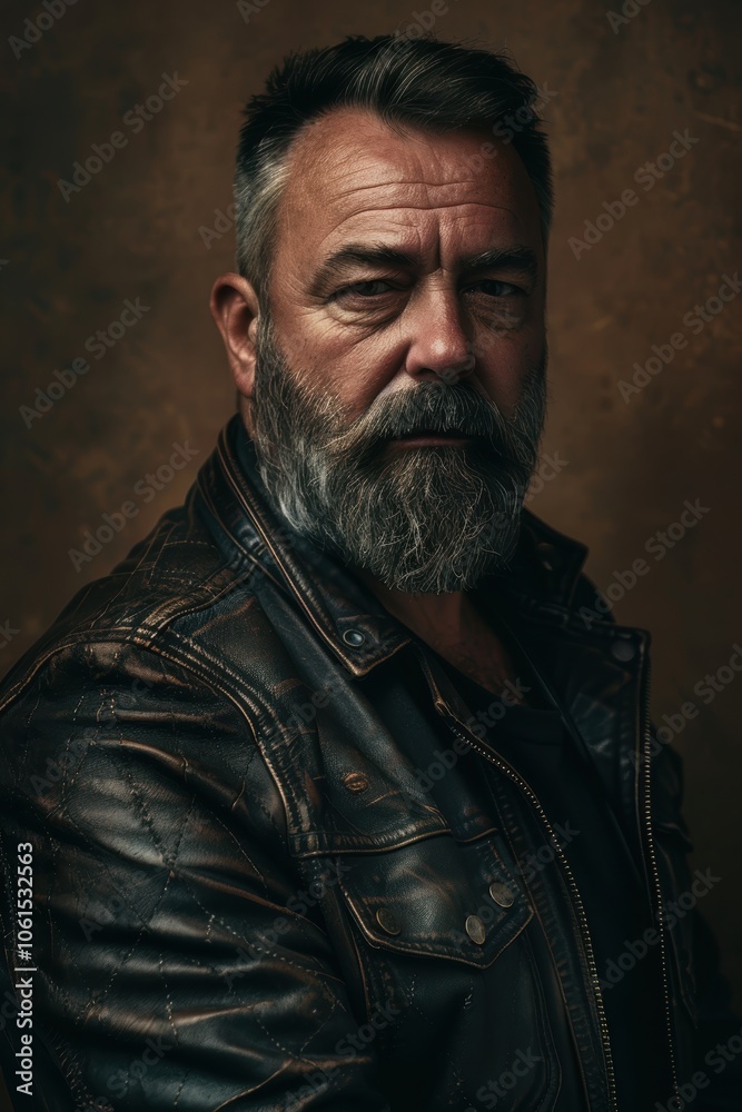 Dramatic portrait featuring a middle-aged man with a thick beard, wearing a leather jacket. the intense lighting highlights his rugged appearance, set against a monotone brown background Dramatic portrait featuring a middle-aged man with a thick beard, wearing a leather jacket. the intense lighting highlights his rugged appearance, set against a monotone brown background