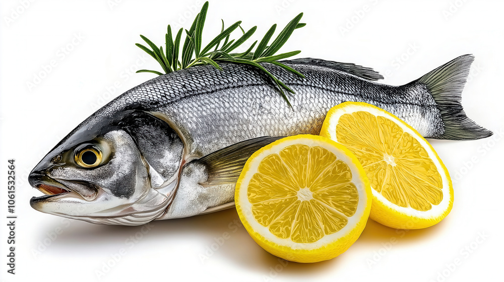 Close-up of a whole fish with rosemary and lemon wedges on white background Close-up of a whole fish with rosemary and lemon wedges on white background