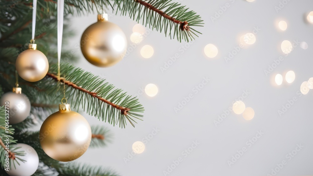 Fototapeta premium Christmas background with golden and white baubles hanging on green pine branches, soft warm lights in the background, festive and elegant holiday scene