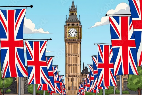 Celebrating British Pride in London with Majestic Big Ben Amidst a Sea of Union Flags Under a Serene Sky
