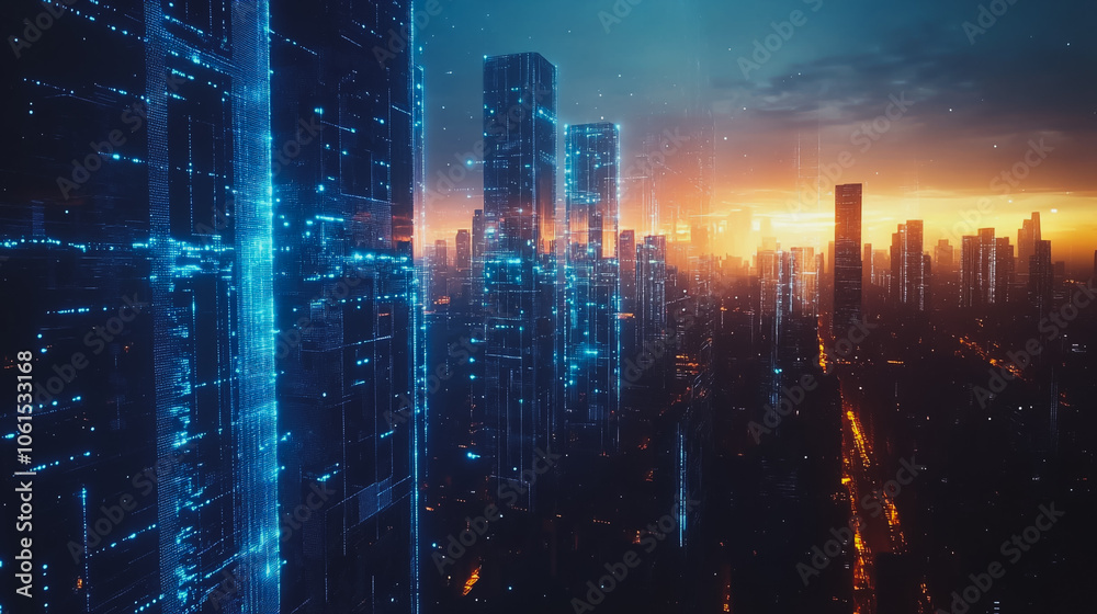Fototapeta premium Smart digital city with connection cyber security network reciprocity over the cityscape . future smart wireless digital city and social media networking systems that connects people within the city