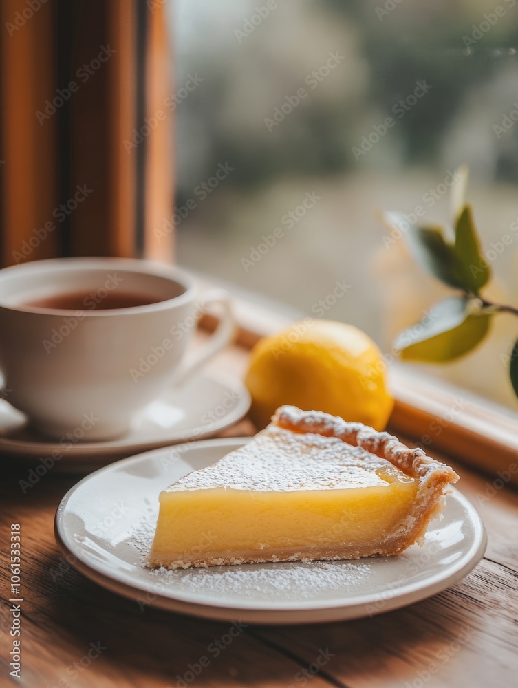 Indulgent Lemon Cake Slice on Saucer. Homemade Sweet Treat for Tea Time Indulgent Lemon Cake Slice on Saucer. Homemade Sweet Treat for Tea Time