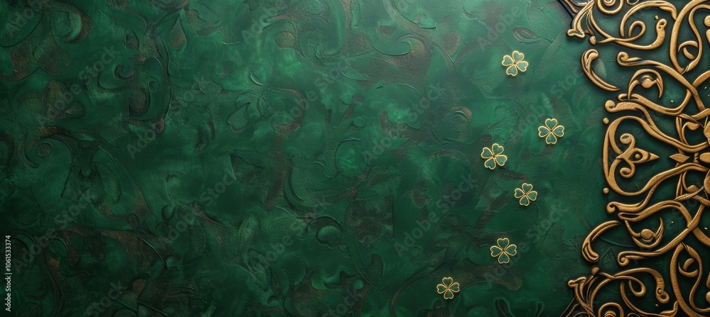 Ornate st. patrick's day banner featuring a gold celtic design frame and scattered shamrocks on a deep green background. the center offers ample space for adding personalized text Ornate st. patrick's day banner featuring a gold celtic design frame and scattered shamrocks on a deep green background. the center offers ample space for adding personalized text