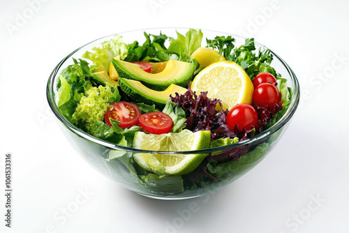 Bowl filled with colorful salad and fresh vegetables, topped with seeds and drizzled with vinaigrette dressing, on a wooden table bathed in natural light.