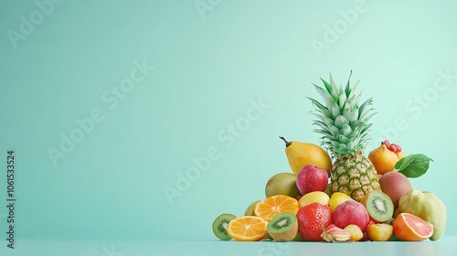 Colorful Fruit Platter on Light Blue BackgroundAn array of fresh fruit like mango, pineapple, and kiwi arranged artfully on a pastel blue background, emphasizing freshness and color.