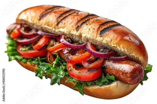 Gourmet hot dog in a toasted bun, topped with fresh tomatoes, onions, and greens. Juicy, colorful, and visually appetizing presentation, set against a transparent background