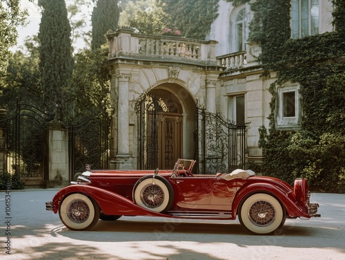 A red car is parked in front of a large house photo