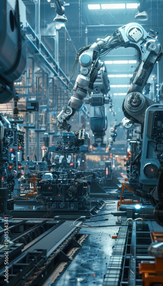 A modern factory integrates ai-powered robotics for industrial use, with advanced robotic systems assembling components. engineers test these robots for precision and accuracy in a spacious A modern factory integrates ai-powered robotics for industrial use, with advanced robotic systems assembling components. engineers test these robots for precision and accuracy in a spacious