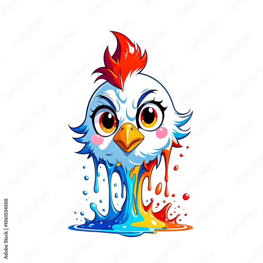 Naklejka premium illustration of chicken animal mascot head logo and colorful liquid splashing on white background.