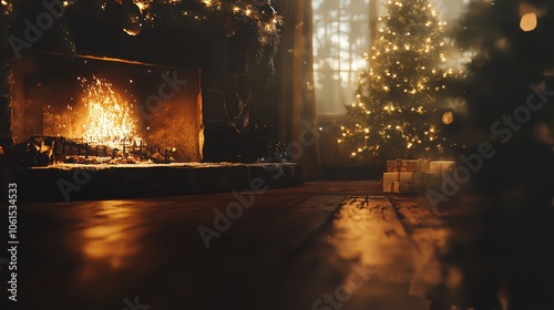 Cozy fireplace with Christmas tree and lights.