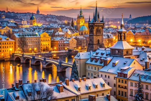 Winter Aerial View of Old Town Prague at Dusk – Snow-Covered Rooftops, Historic Architecture, Charles Bridge, Vltava River, and Atmospheric Lighting