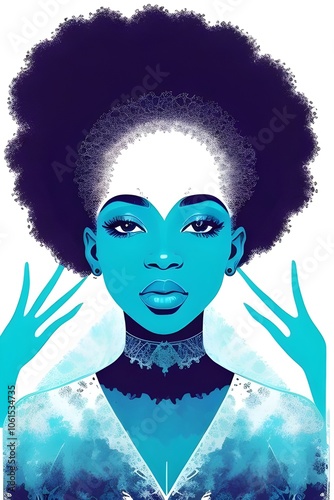 digital illustration, art, double exposure image of a beautiful 1970s black, african american, disco, woman with a large afro, model, portrait, retro, vintage, abstract, fashion, psychedelic photo