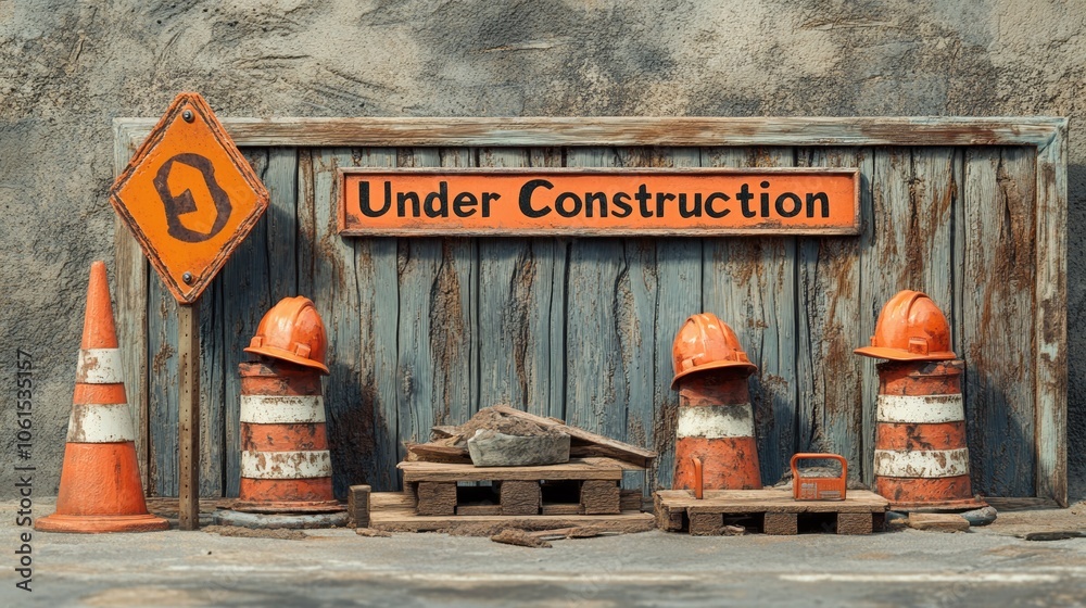 Naklejka premium Construction Site with Hard Hats Cones and Warning Sign