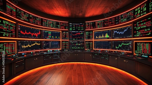 Stock trading floor environment with real-time ticker screens, desks, and financial graphs displaying market fluctuations with empty space for text photo