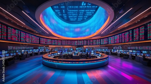Stock trading floor environment with real-time ticker screens, desks, and financial graphs displaying market fluctuations with empty space for text