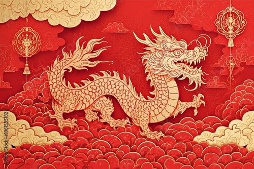 Majestic Dragon Amidst Radiant Clouds Embodies Power and Good Fortune, Red Symbolizing Celebration and Prosperity photo