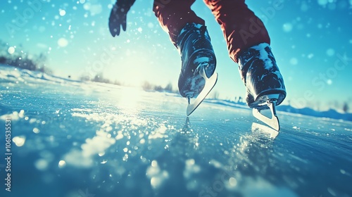 Ice skater gliding on frozen lake in winter