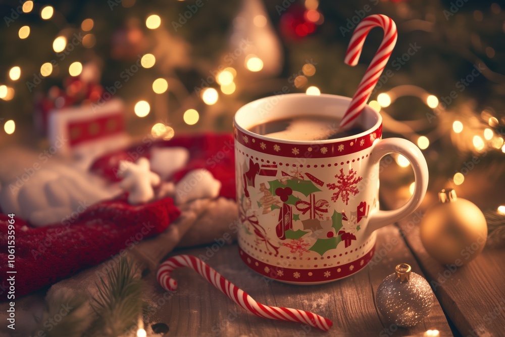 Fototapeta premium Festive Christmas mug with a candy cane, surrounded by ornaments, holiday decorations, and cozy bokeh lights, creating a warm and inviting holiday ambiance