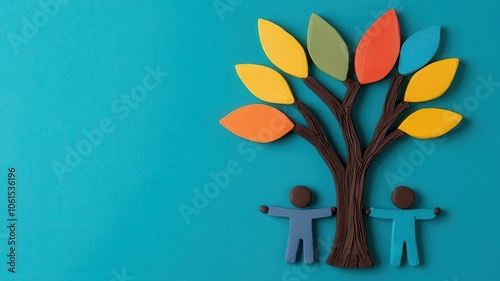 Plasticine figures arranged as a tree, branches representing teamwork, unity, and growth, team tree clay