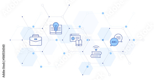 Education Banner Vector Illustration with Icon Style in Between. Line Duotone icon. Containing career, online education, knowledge, linguistics, radio