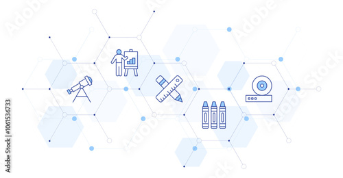Education Banner Vector Illustration with Icon Style in Between. Line Duotone icon. Containing presentation, astronomy, crayons, ruler, friction