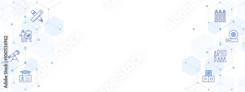 Education Banner Vector Illustration with Two-sided Icon Style. Line Duotone icon. Containing presentation, astronomy, blocks, crayons, visa, teaching, ruler, friction