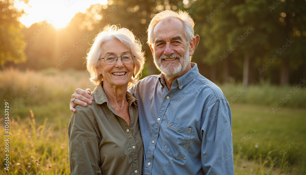 An elderly couple is standing in a field, smiling and looking at the camera. The man is wearing a blue shirt and the woman is wearing a green shirt. An elderly couple is standing in a field, smiling and looking at the camera. The man is wearing a blue shirt and the woman is wearing a green shirt.